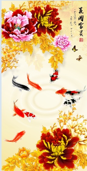 手绘牡丹花小鱼背景墙