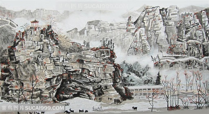 白雪石水墨巍峨山脉高清风景画