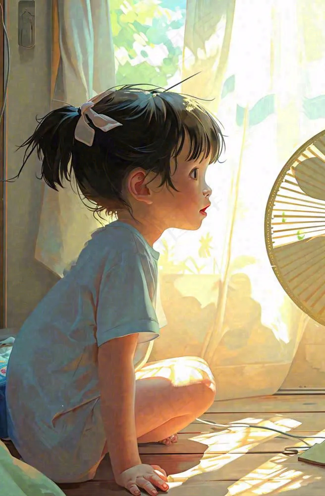 儿童在家吹风扇，夏天炎热清爽手绘插画，夏至小暑暑期(816x1243)