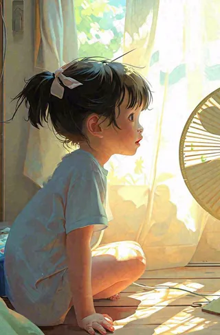 儿童在家吹风扇，夏天炎热清爽手绘插画，夏至小暑暑期