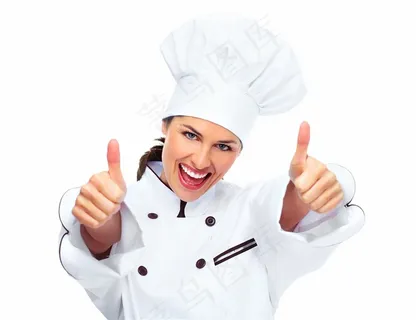 双手伸出大拇指的女厨师高清图片