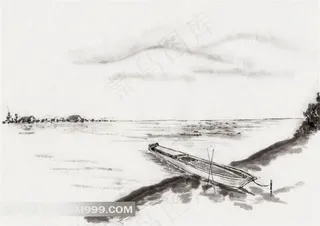 河岸边的小木船水墨画