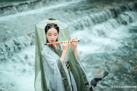 户外瀑布边吹笛写真的古装摄影美女图片
