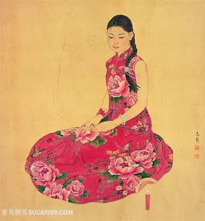 花纹衣服复古美女装饰画