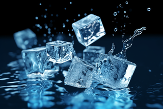 冰块掉落在水面上溅起水珠摄影图