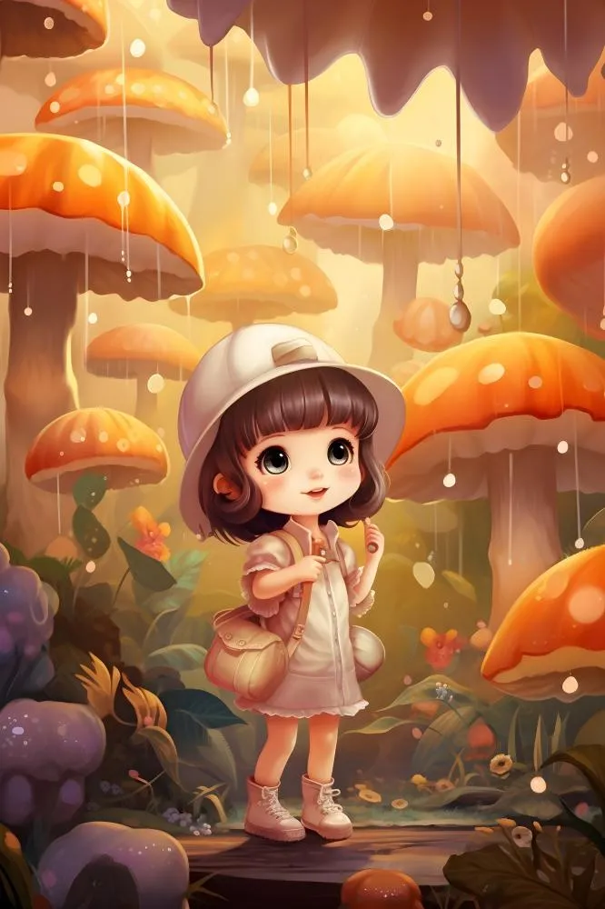 小女孩ert蘑菇森林梦幻海报插画素材背景(3584x5376)