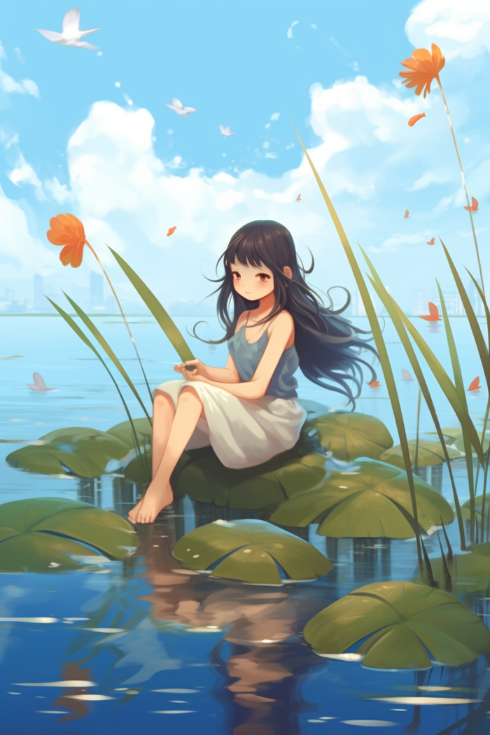 少女坐着湖中叶子上玩耍蓝色背景卡通插画(x)