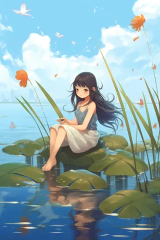 少女坐着湖中叶子上玩耍蓝色背景卡通插画