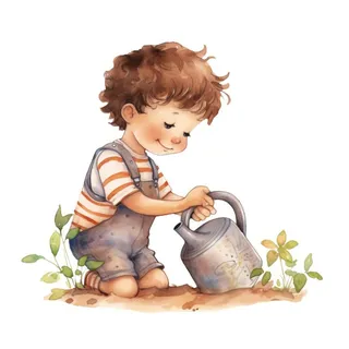 小男孩拿着水壶水桶浇水绿植草人物插画免抠