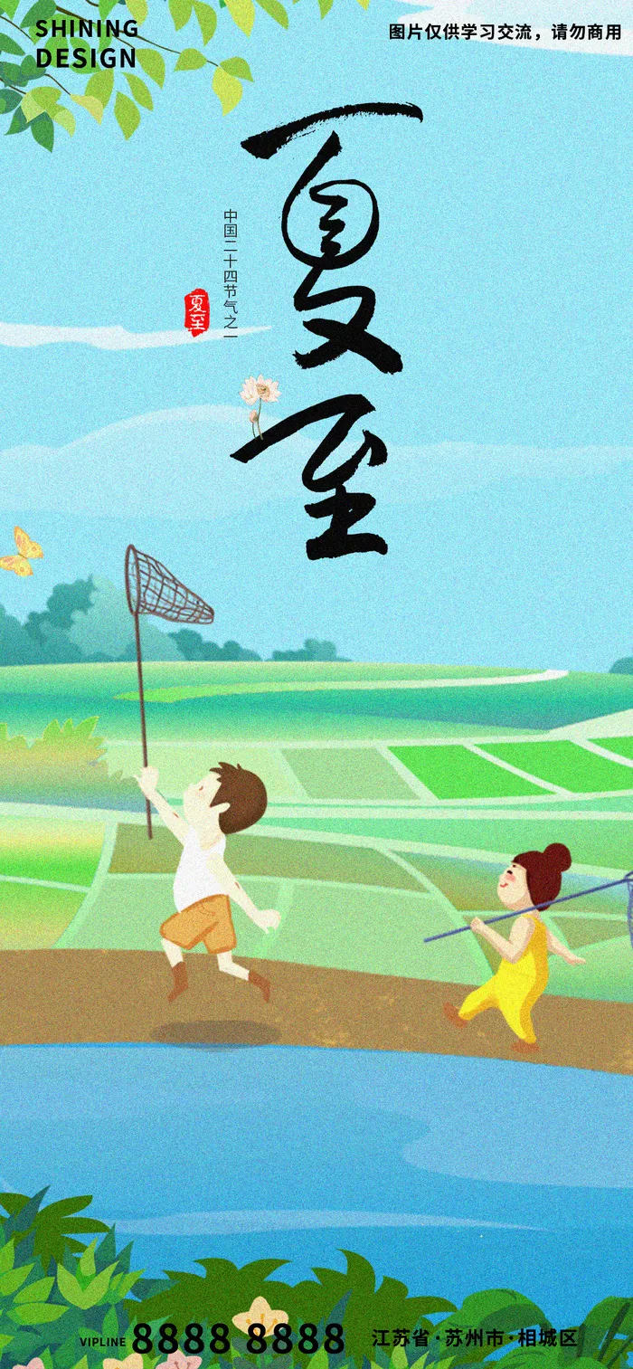 二十四节气夏至捞蝴蝶手绘插画海报
