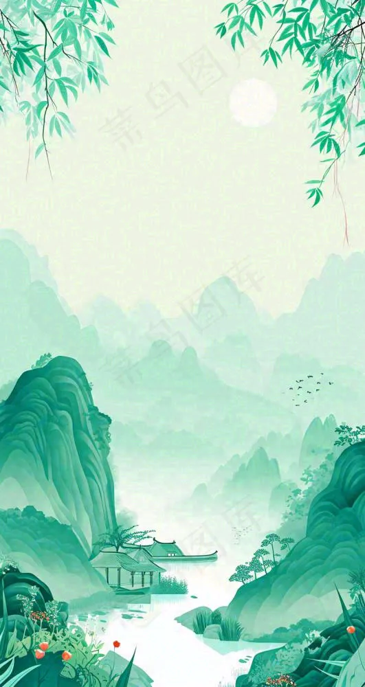 国风意境山水画落日绿色(800x1504)