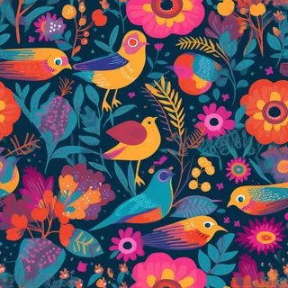 花鸟图，插画风格，无缝贴图，素材