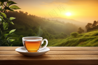 村庄清晨窗台泡着一杯茶摄影图