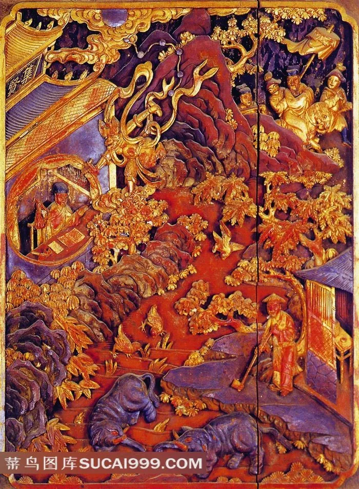 中国传统古典绘画彩绘木雕