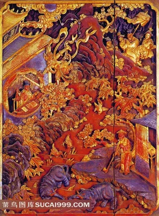 中国传统古典绘画彩绘木雕