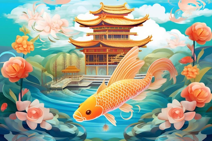 国潮夏天锦鲤唯美风景插画(1344x896)