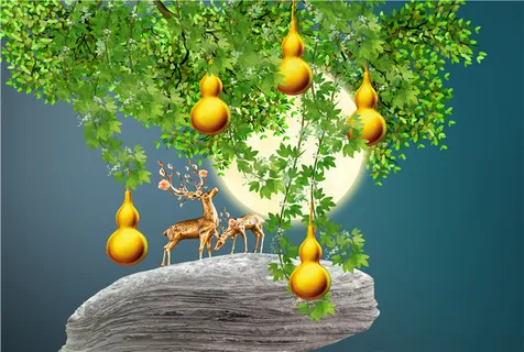 中国风山水花鸟绿叶葫芦梅花鹿月夜五福临门客厅卧室玄关画酒店装饰画