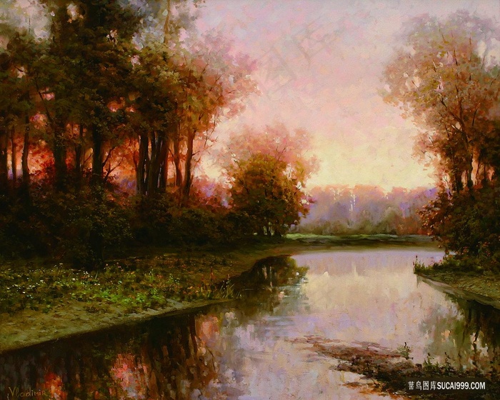 湖畔树林美景油画