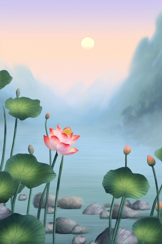 紫色简约国风莲花傍晚背景