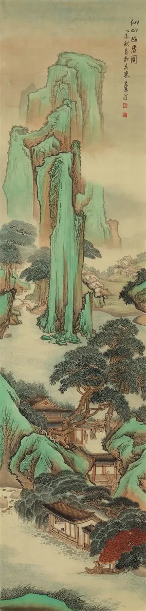 高清界画当代画家王军河绘制仙山幽居图鬼脸皴仙山亭台楼阁古松树仿古