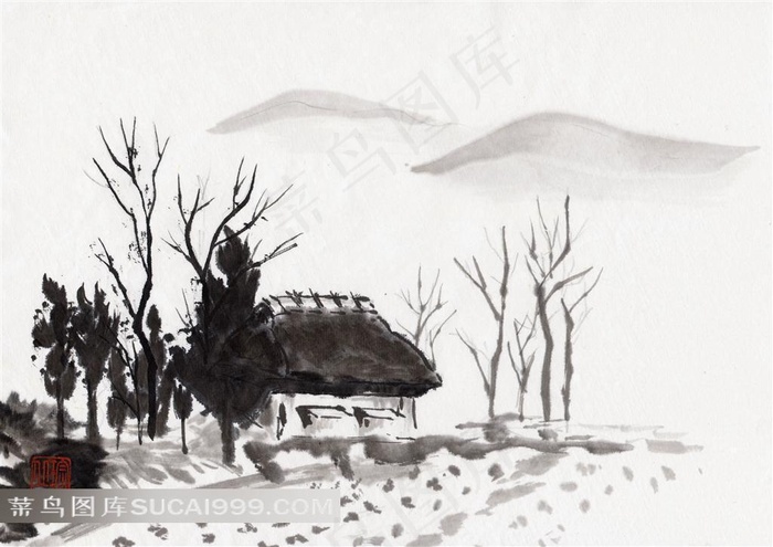 乡间的小屋和树木水墨画