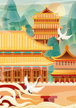 中国风国潮烫金仙鹤山水古建筑风景装饰插画背景PSD分层设计素材