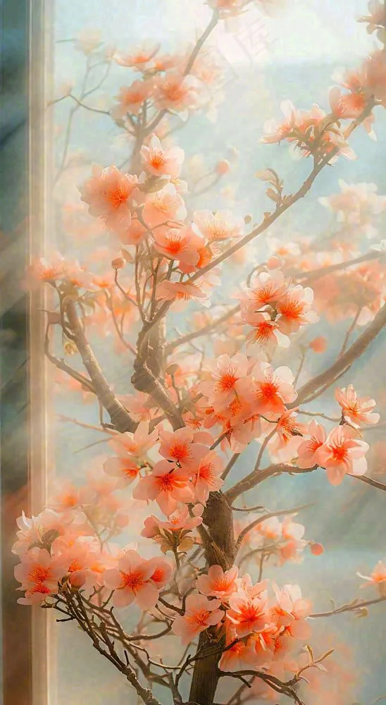 春天窗台橙色渐变鲜花，朦胧枝叶，春节立春(816x1488)