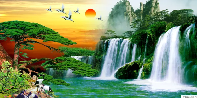 新中式中国风山水花鸟月夜梅花飞鸟丹顶鹤鹤高清背景图客厅卧室装饰画玄关画