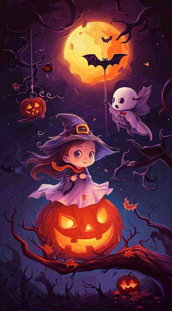 万圣节夜晚黑色南瓜恐怖卡通小鬼手绘插画(816x1472)