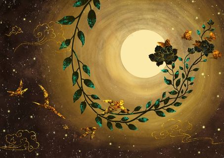 国潮鎏金复古烫金国风孔雀仙鹤装饰画素材PSD