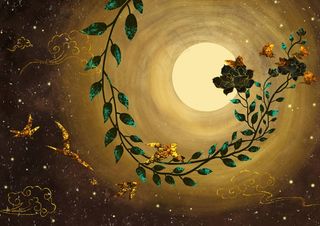 国潮鎏金复古烫金国风孔雀仙鹤装饰画素材PSD