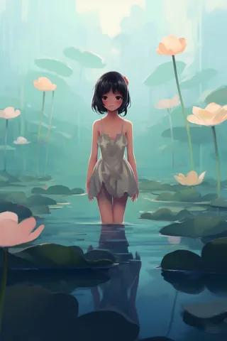 夏日女孩站在睡莲池里卡通插画素材