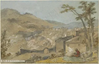 巍峨山脉农房风景画油画