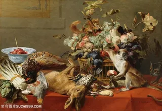静物画，水果，死猎物，蔬菜，活猴子，松鼠和猫