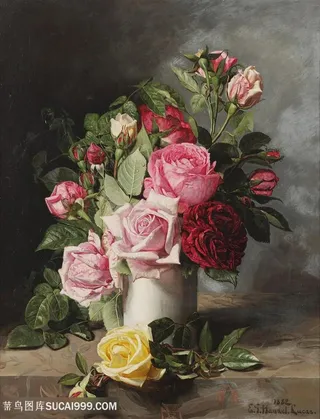 插在白色瓷瓶中的玫瑰花朵花卉油画图片