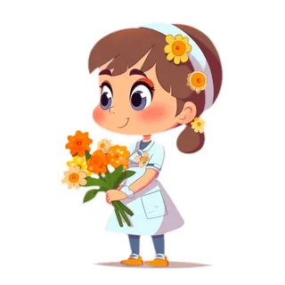 护士医生拿着花手绘插画免抠