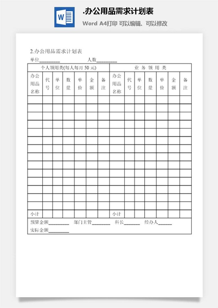 办公用品需求计划表办公物品管理表格