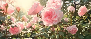 花园中的粉红玫瑰在阳光明媚的阳光下生长，柔和柔和的色调，广阔