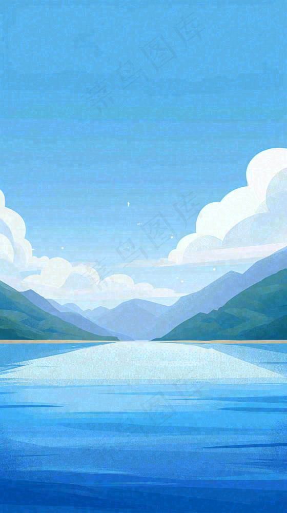 夏天蓝色扁平卡通插画蓝天白云湖水远山(816x1456)