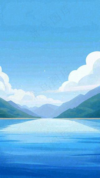 夏天蓝色扁平卡通插画蓝天白云湖水远山