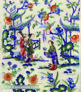 古典仕女赏花图案刺绣