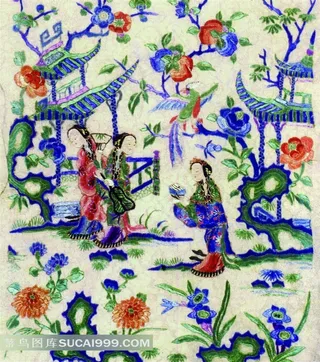 古典仕女赏花图案刺绣