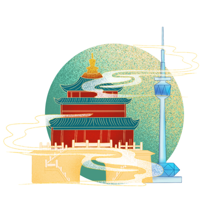 国潮风旅游建筑城市地标景区北京上海插图插画元素素材设计模板