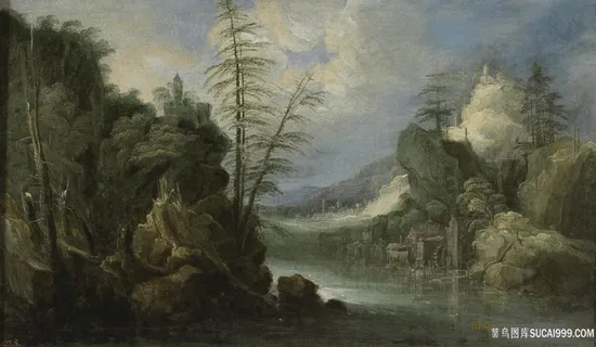 湖畔山脉油画风景画油画图片