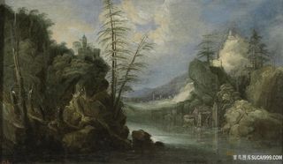 湖畔山脉油画风景画油画图片