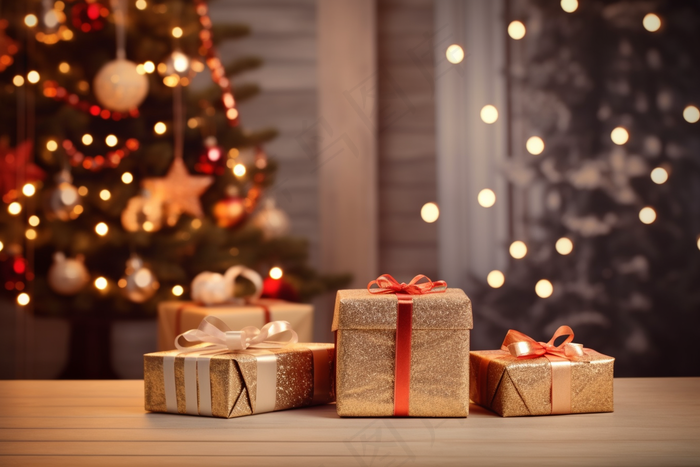 圣诞礼物圣诞树灯氛围摄影图