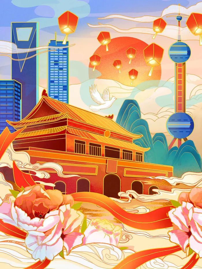 中国风国潮古建筑地标城市古风建筑阁楼印象地标手绘插画PSD素材psd模版下载