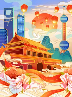 中国风国潮古建筑地标城市古风建筑阁楼印象地标手绘插画PSD素材 中国风国潮古建筑地标城市古风建筑阁楼印象地标手绘插画PSD素材