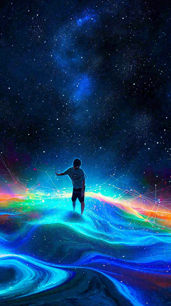 夜晚天空科幻绚丽星空下的人，暗黑天蓝(816x1456)
