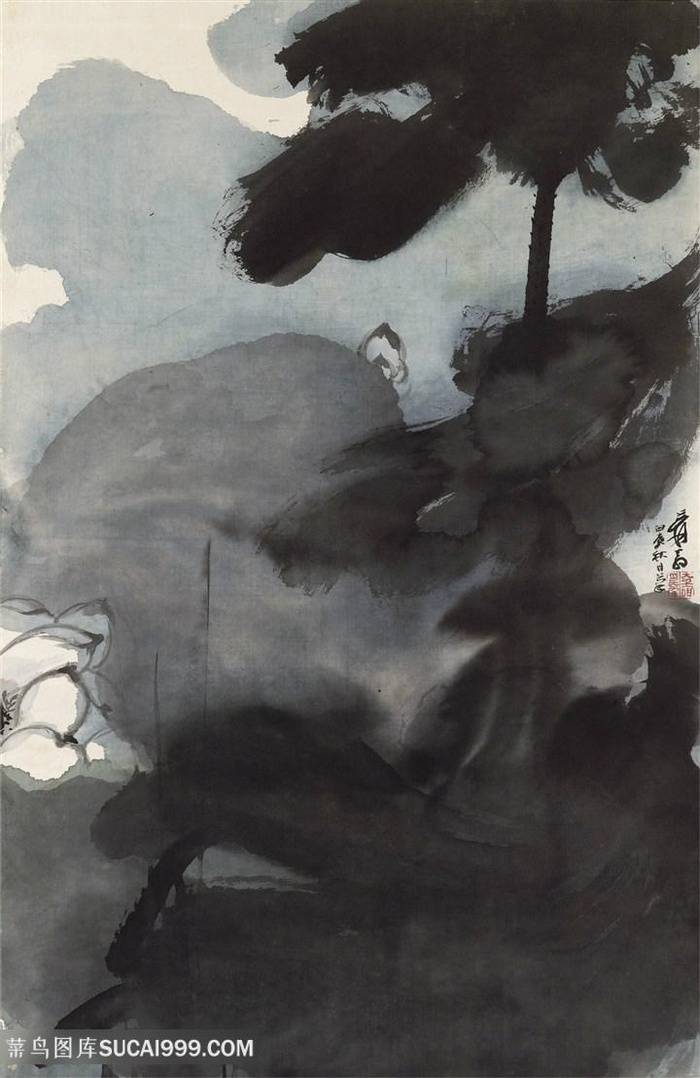 张大千手绘水墨松树风景画